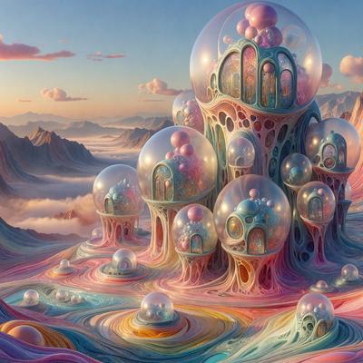 The primary subject of the image is a large, colorful, and intricately designed structure, which appears to be a castle or a similar architectural wonder. The setting is a vibrant, colorful landscape, with a backdrop of mountains and a sky filled with clouds. The visual style of the image is digital art, as it is a computer-generated creation. The colors and mood of the scene are lively and energetic, with a wide range of colors and patterns that create a sense of wonder and excitement.